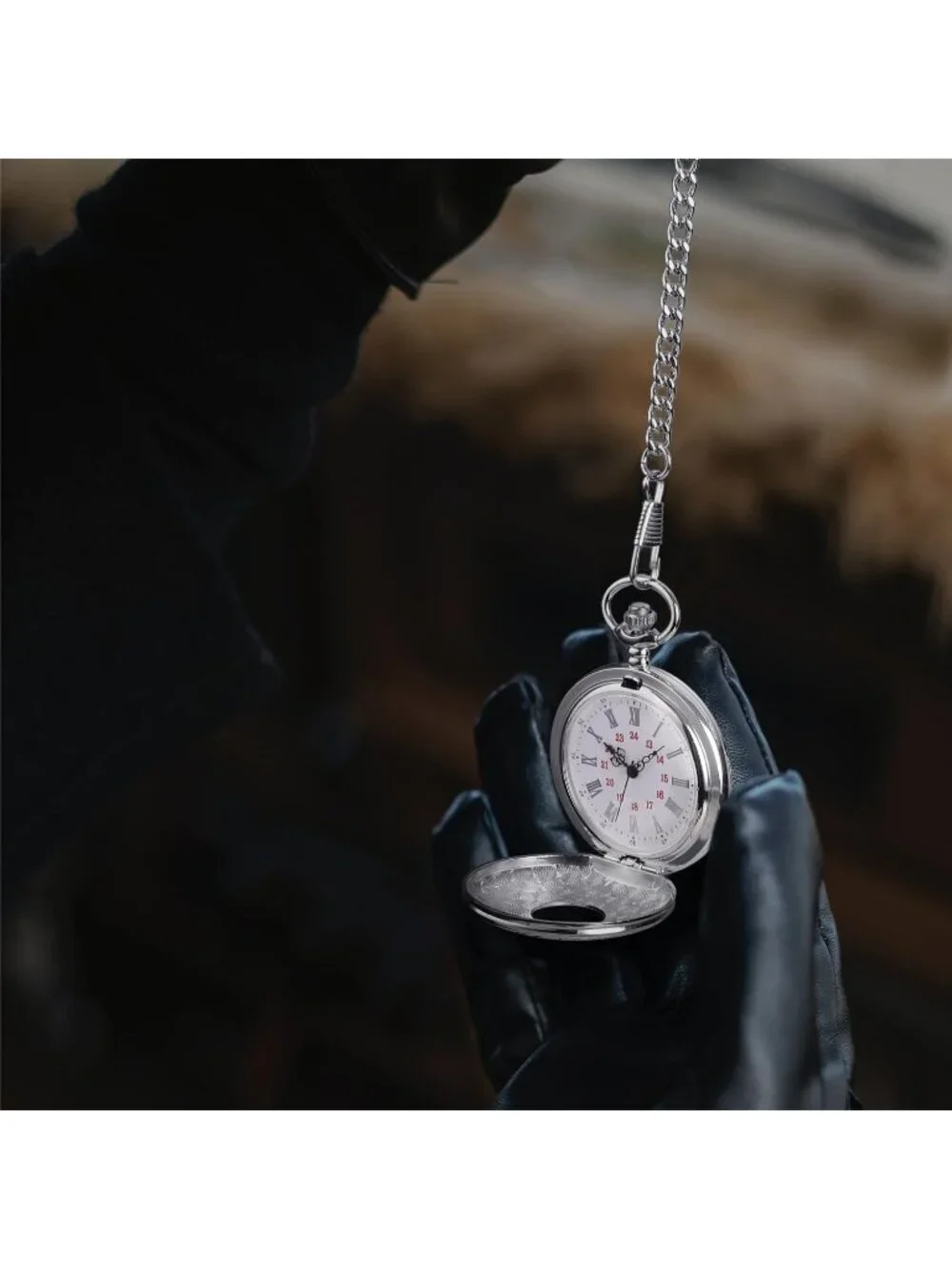 Men's Silver Quartz Engraved Wave Pattern Arabic Numerals Chain Pocket Watch